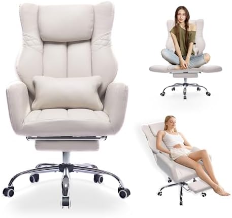 Criss Cross High Back Office Chair with Foot Rest, Ergonomic Cross Legged Desk Chair with Flip-up Armrest, Cozy Reclining 155°Swivel Chair for Home Office, Computer and Entertainment (Beige)