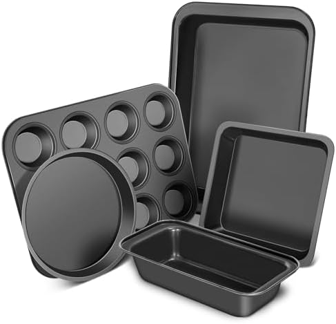 Baking Pans Set, 5-Piece Nonstick Bakeware Sets with Round/Square Cake Pan, Muffin Loaf Roast Pan, Baking Sheets for Oven, Kitchen Cookware Sets Baking Tray Baking Supplies, Black