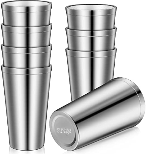 8 Pack Stainless Steel Cups 16 Oz, Double Wall Vacuum Pint Cup Tumbler, Stackable Metal Unbreakable Drinking Glasses for Home and Outdoor