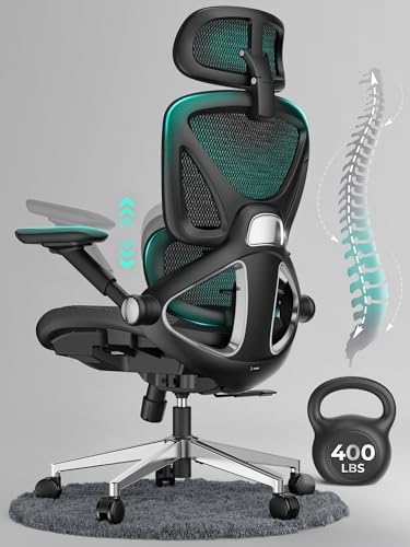 CAPOT Ergonomic Mesh Office Chair, Adjustable Lumbar High Back Desk Chair 400lbs, 4D Flip-up Arms, 3-Level Tilt Backrest, 3D Headrest, PU Wheels, Swivel Rolling Computer Seating for Long Desk Work