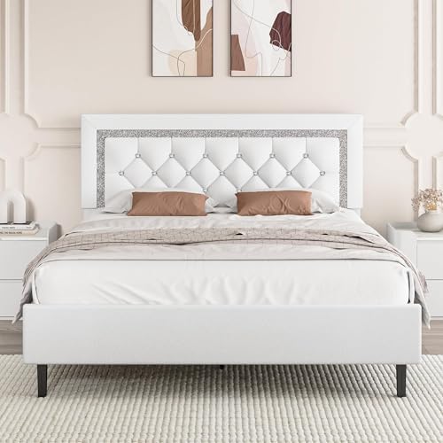 BarnFurin Full Size Bed Frame with Tufted Button Headboard, Upholstered Platform Bed Frame with Diamond Design, Wood Slat Support, No Box Spring Needed, Easy Assembly, White