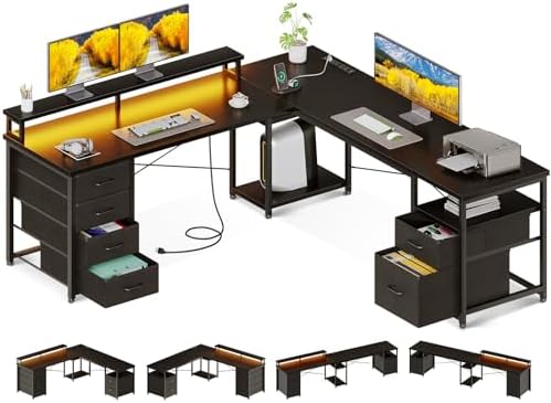 AODK 66" L Shaped Computer Desk, 113â€œ Reversible Home Office Desk with File Cabinet & 4 Fabric Drawers, Two Person Desk with LED Lights & Power Outlet, Corner Gaming Desk with Monitor Shelf, Black