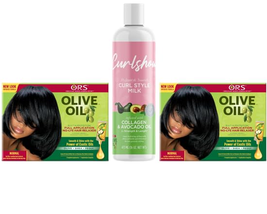 ORS Olive Oil Built-In Protection Full Application No-Lye Hair Relaxer - Curl Style Milk Infused with Collagen & Avocado Oil for Strength & Length - Bundle