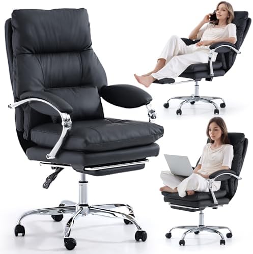 LEAGOO Office Chair with Foot Rest, Executive Reclining Office Chairs with Arms, Ergonomic High Back PU Leather Comfy Swivel Computer Desk Chairs with Wheels and Lumbar Support for Home Office, Black