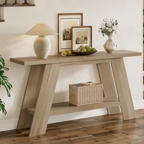 Treocho 63 Inch Long Farmhouse Console Tables for Entryway, 2-Tier Modern Wood Sofa Table with Shelf Behind Couch, Contemporary Narrow Entryway Table for Living Room, Hallway, Entrance, Walnut
