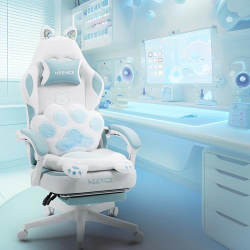 Gaming Chair Cute with Cat Ears Paw Lumbar and Cushion,Ergonomic Computer Chair with Footrest,Reclining PC Game Chair for Girl Computer Chair 300lbs for Adult Aqua Blue