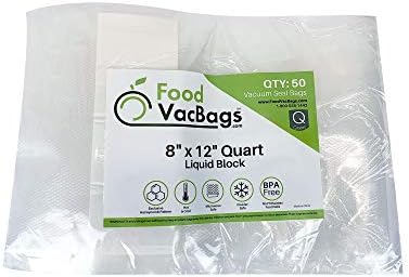 50 - FoodVacBags 8" X 12" Liquid Block Quart Vacuum Seal Bags, Moisture Dam Barrier, Absorbent Cellulose Strip