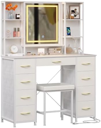 Vanity Desk with Mirror and Lights Charging Station Modern Industrial Dressing Table with 9 Fabric Drawers and Open Storage Shelves,Makeup Vanity Table for Woman Bedroom (White)
