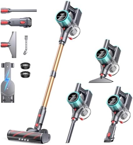 Cordless Vacuum Cleaner, 50Kpa 600W Vacuum Cleaners for Home, 60 Mins Stick Vacuum Cordless Rechargeable, Self-Standing, Wall Mount Charging Household Vacuum Cleaner for Carpet Pet Hair Hardwood Floor
