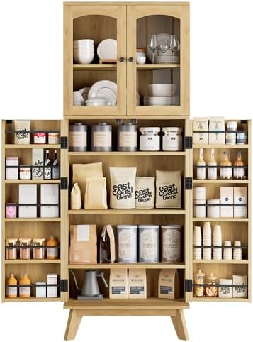 QUW 63.4" Kitchen Pantry Storage Cabinet, Tall Pantry with Glass Doors and Adjustable Shelves, Modern Freestanding Floor Cabinet Cupboard for Kitchen, Living Room, Dining Room, Natural Oak