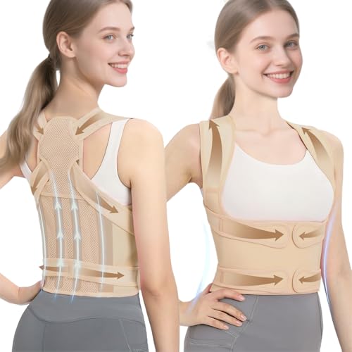 Posture Corrector for Women and Men, Full Back Brace with Adjustable Shoulder Straightener, Upper & Lower Back Support for Pain Relief, Spine Alignment, Scoliosis, Hunchback (L, Beige)
