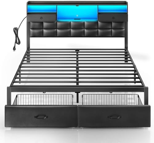 Rolanstar Bed Frame King Size with Drawers and Charging Station, Upholstered Platform Bed with Storage Headboard and LED Light, Heavy Duty Metal Frame Support, No Box Spring Needed, Noise Free, Black
