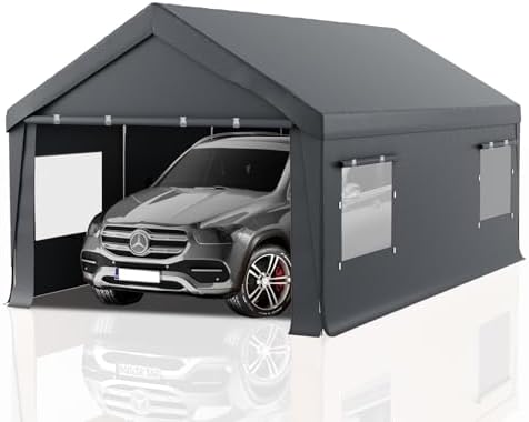 Carport 10x20 Heavy Duty Portable Garage,Carport Canopy with Roll-Up Windows & Doors,Portable Garages and Shelters with Removable Sidewalls,Car Tent Garage with All-Season Tarp for Truck Tractor Bike