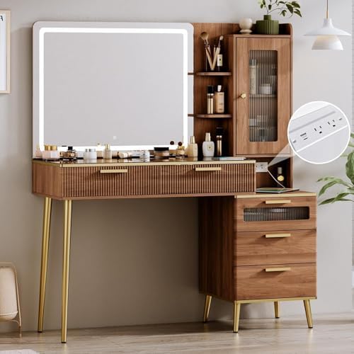 47.24" Big Modern Vanity Desk with Mirror and Lights,Makeup Vanity Desk with 5 Drawers and Storage Shelves & Power Outlet,Dressing Table with Glass Top, Brown