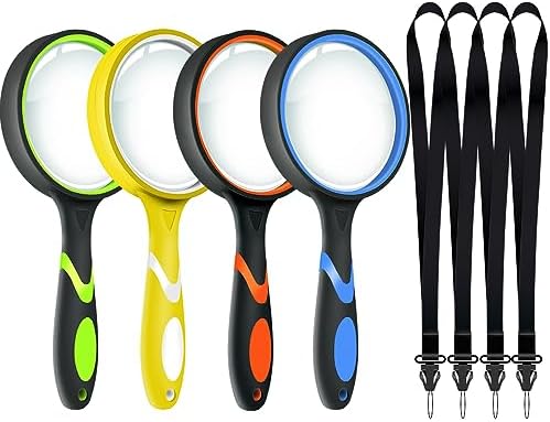 Leffis 4 Pack Magnifying Glass, 10X Non-Slip Handheld Reading Magnifier with Lanyard for Kids and Seniors, 75mm Magnifying Glass Lens for Reading, and Nature Exploration
