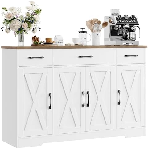 HOSTACK Buffet Cabinet with Drawers, 55" Large Sideboard Buffet Storage Cabinet with Shelves and Doors, Modern Farmhouse Coffee Bar Station Wood Kitchen Table for Kitchen, Dining Room, White/Rustic
