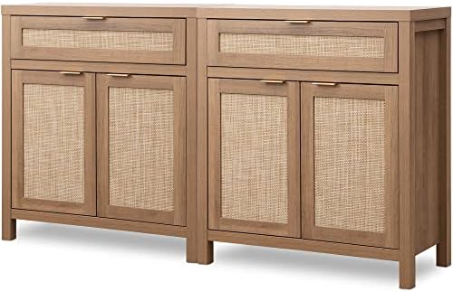 SICOTAS Sideboard Buffet Cabinet Set of 2, Rattan Credenza Storage Cabinet, Boho Buffet Table Console Cabinets with Drawer, Farmhouse Coffee Bar for Entryway Living Room, Natural Oak
