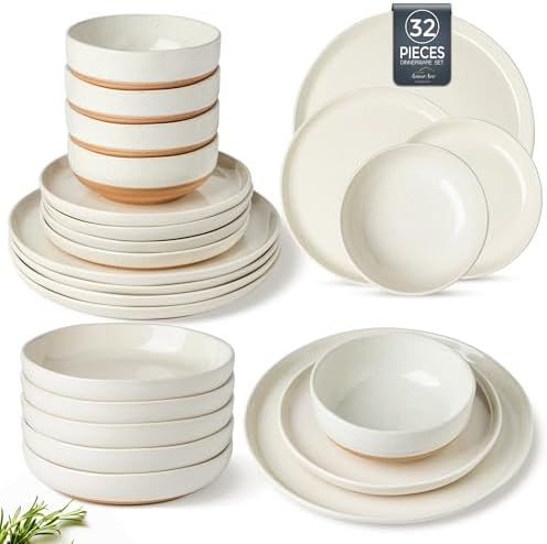 AmorArc Ceramic Dinnerware Sets with Pasta Bowls for 8, Handpainted Plates and Bowls Set with Rustic Terracotta Underside, Scratch Resistant Dishes Set, Dishwasher & Microwave Safe, 32 Pcs