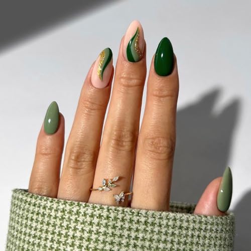 Medium Almond Press on Nails Green Fake Nails Gold Foil False Nails Press ons Glossy Acrylic Glue on Nails Full Cover Stick on Nails with Design Christmas Artificial Nails for Women Manicure 24Pcs