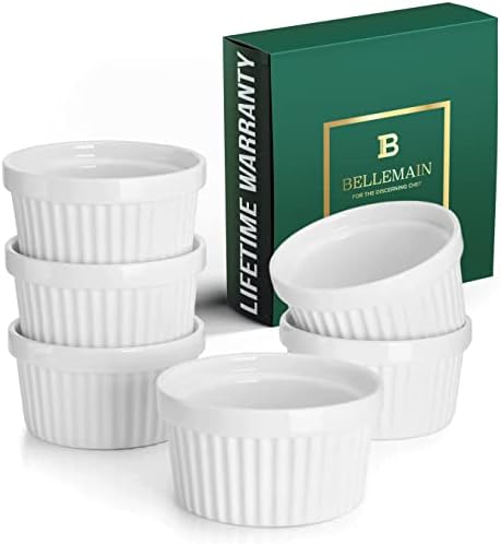 Bellemain Creme Brulee 4 oz Ramekins | Mini Casserole Dish Set, Charcuterie Bowls, Pot Pie Baking Dishes, Soy Sauce Bowls | Fluted Porcelain Bowls, Ramekins Oven Safe to 500F, Set of 6 (White)
