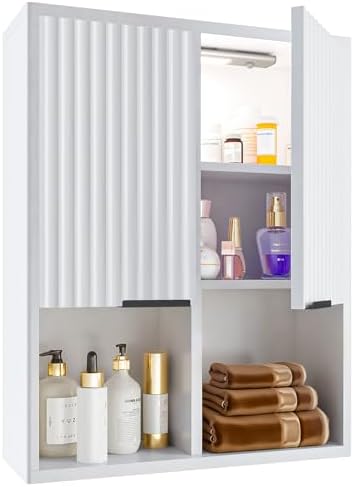 HAIOOU Fluted Bathroom Wall Cabinet with Motion Sensor Light, Curved Profile Wooden Medicine Cabinet Wall Mounted Cupboard, Wave Like Over Toilet Storage Cabinet with Buffering Hinges - Modern White