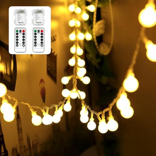 WERTIOO 2 Pack Battery Operated String Lights 33ft 100 LEDs Globe Fairy Lights with Remote Control for Outdoor/Indoor, Tent, Camping, Bedroom,Garden,Christmas Tree[8 Modes,Timer ] (Warm White)