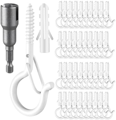 48 PCS Q-Hanger Hooks, Screw Hooks for Outdoor String Lights, Safety Buckle Design Cup Eye Hook for Hanging Christmas Lights, Plants, Mounted on Wall Ceiling, Include 1 Wing Nut Driver, White