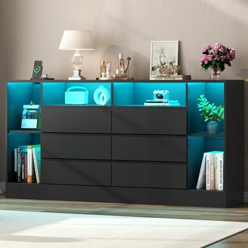 Loomie 6 Drawers Dresser with 6 Open Storage Cubbies, LED Dressers & Chests of Drawers with Power Outlet, 55" Wide Long Dresser for Bedroom, Modern TV Stand with Open Shelf (Black)
