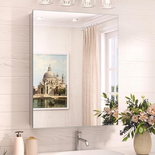TokeShimi 20x26 Medicine Cabinet Mirror with Storage Tempered, Aluminum Surface Mount or Recessed Medicine Cabinet Silver with Adjustable Shelves for Bathroom Vanity Modern Farmhouse