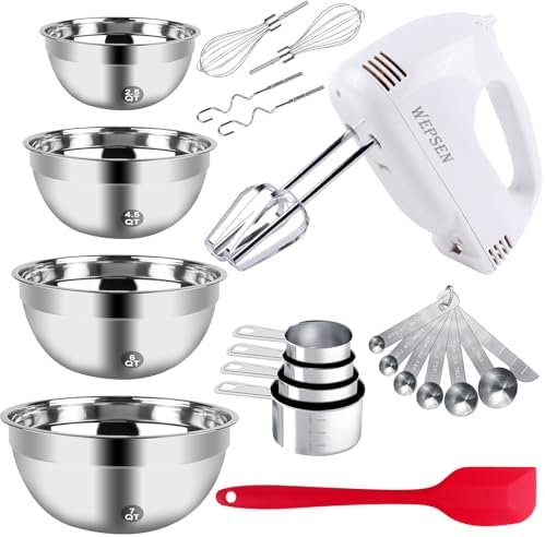 5-Speed Electric Hand Mixer, 4 Large Mixing Bowls Set, Handheld Mixers with Whisks Beater, Stainless Steel Metal Nesting Bowl Measuring Cups Spoons Kitchen Cake Blender for Baking Supplies