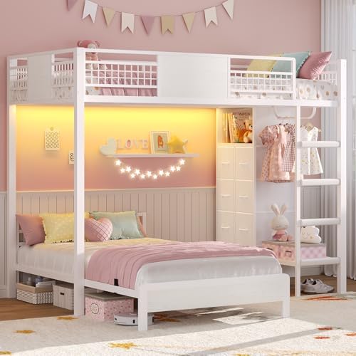 ADORNEVE Bunk Bed Twin Over Twin Size with 8 Storage Drawers, Twin Bunk Beds with Led Lights & Storage Shelves, Metal Loft Bed with 13.4" H Safety Guardrail & Ladder, for Kids & Teens, White