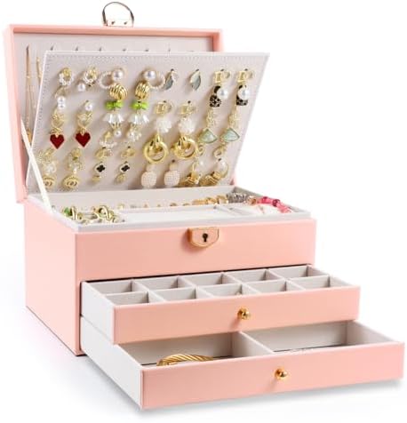 3-Layer Jewelry Box for Women, Jewelry Organizers and Storage with Removable Jewelry Tray, Vintage Quilted Top Lockable Jewelry Holder Gift Idea Pink