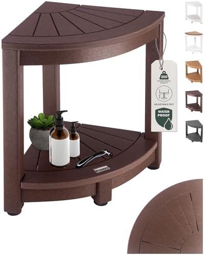 Waterproof Corner Shower Stool - Shower Bench (Brown HDPE, Corner Stool) - Adjustable Feet for Any Surface - Non-Slip Leveling Legs - Leaves No Scratches
