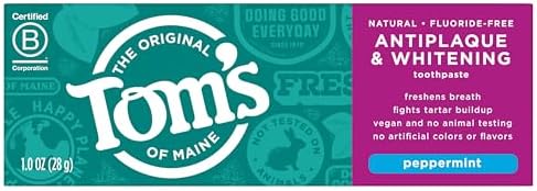 Tom's of Maine Fluoride-Free Antiplaque & Whitening Toothpaste, Travel Size, Peppermint, 1 oz. 12-Pack