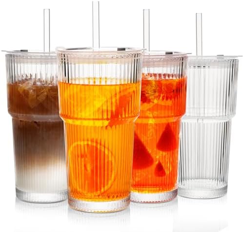 20Oz Ribbed Glass Tumblers with Lids and Straws, Vintage Glass Cups Thickened Drinking Glasses Set of 4, Ideal for Iced Coffee, Smoothies, Cocktails, Matcha and Juices