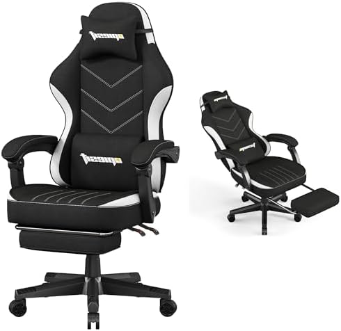 Gaming Chair,Fabric Computer Chair with Pocket Spring Cushion,400 lb Load Capacity,Ergonomic Office Chair with Footrest,Height Adjustable Video Gamer Chair with Lumbar Support (Black)