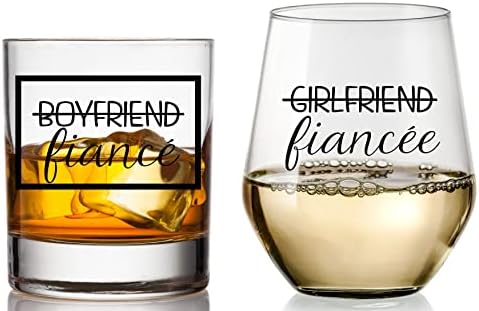 Boyfriend and Girlfriend Wine and Whiskey Glass Gift Set - Engagement Gifts for Couples - Fiance Fiancee Gift for Him and Her - His and Hers Glasses For Mr and Mrs Bride and Groom to be