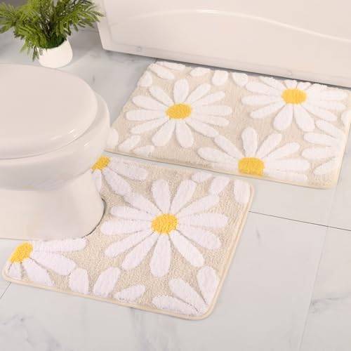 QJHOMO Bathroom Rugs Sets 2 Piece, Cute Daisy Bath Mat Beige Toilet Rug U Shaped, Flower Deocr Bathroom Set Non Slip Contour Bathmat, Super Absorbent Microfber Floor Mats Machine Washable Carpets