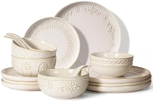 Artena Plates And Bowls Sets, 16 Pieces Dinnerware Sets, Dish Set For 4, Ceramic Kitchen Bowl And Plate Set, Embossed White Dishware Sets, Dishwasher & Microwave Safe (Multiple Patterns)