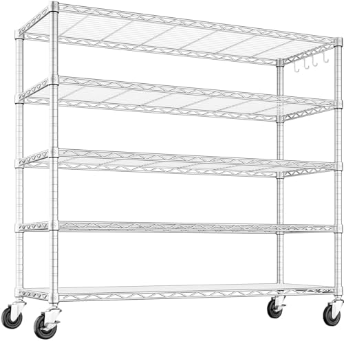 PrimeZone 48" W Wire Shelving Heavy Duty with Wheels,5 Tier Adjustable Garage Storage Shelves Unit,Rolling Metal Organizer Shelf Utility Rack Warehouse,Pantry,Chrome 48" Wx24 Dx81 H