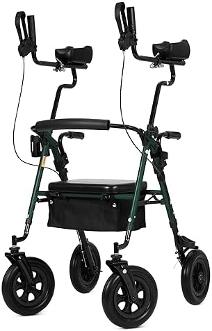 ELENKER All-Terrain Upright Rollator Walker, Stand Up Rolling Walker with 10’’Big PU Wheels and Adjustable Padded Armrests for Seniors from 4’8”to 6'4”, Green
