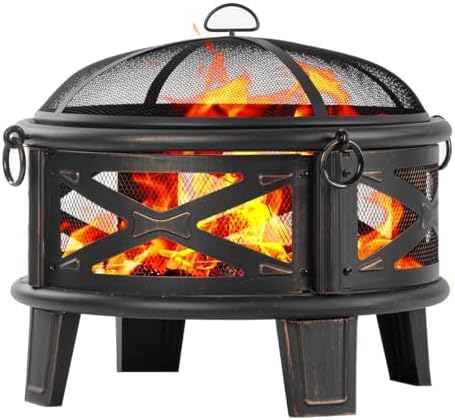 26" Fire Pit with Cooking Grill, Outdoor Wood Burning Firepit with Spark Screen, Metal Round Design for Patio, Bonfire Party, Ideal