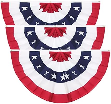 3X6FT American Pleated Fan Flag, USA Patriotic Flag Bunting Half Fan Banner 4th of july Decoration Indoor/Outdoor (Set of 3)