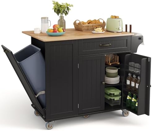 Ahomly Kitchen Island with Storage, 44.49" Kitchen Island with Trash Can Storage, Drop Leaf Rubberwood Top, Knife Holder, Adjustable Shelf, Towel Bar, Drawer, Spice Rack, Black