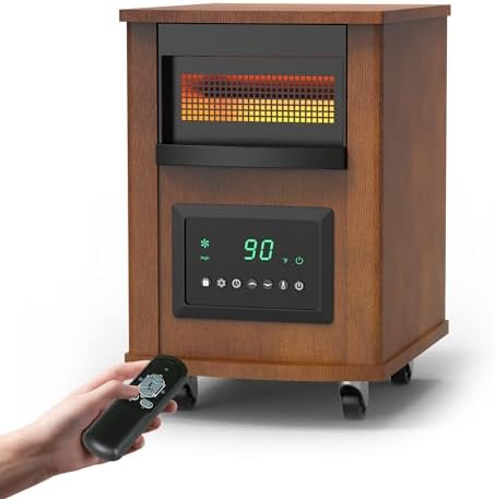 1500W Realsmart Space Infrared Heater for Indoor Use Large room Electric Quartz Heater with Remote Control Wheels LCD Display 3 Heating Modes 12H Timer Overheat Tip Over Protection Safe Coffe Brown