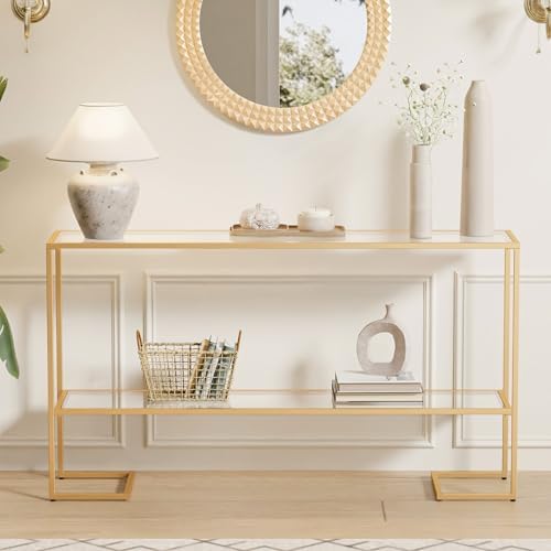 Cozy Castle 52" Entryway Table, 2-Tier Narrow Console Table, Tempered Glass Sofa Table with Metal Frame, Entry Table with Shelves, Console Tables for Entryway, Hallway, Foyer, Living Room, Gold