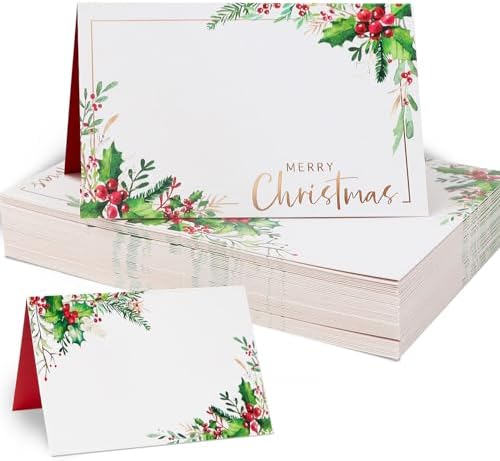 50pcs Christmas Place Cards for Table Setting Holiday Holly Table Name Place Cards for Dinner Buffet Tented Folded (Merry Christmas)
