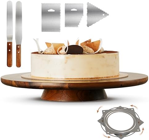 13" Acacia Cake Stand Rotating – Rustic Wood Pedestal Stands Turntable with 2 Icing Spatulas, 3 Smoothers – Wooden Spinning Cake Decorating Serving for Cupcake Dessert Display in Party, Wedding