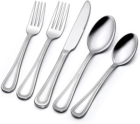 40 Piece Silverware Set for 8, Terlulu Stainless Steel Flatware Set, Mirror Polished Cutlery Set Utensil Set, Tableware Include Forks Spoons Knives for Home Restaurant, Beaded Handle, Dishwasher Safe