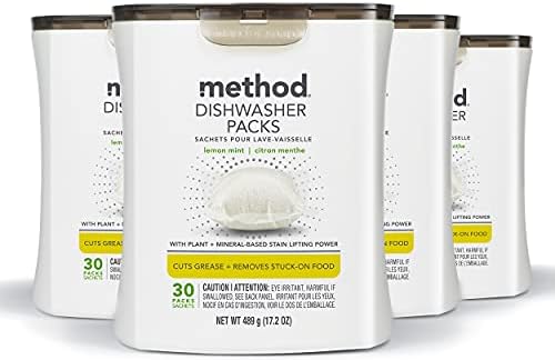 Method Dishwasher Detergent Packs, Lemon Mint, Dishwashing Rinse Aid to Lift Tough Grease and Stains, 30 Dishwasher Tabs per Package, (Pack of 4)